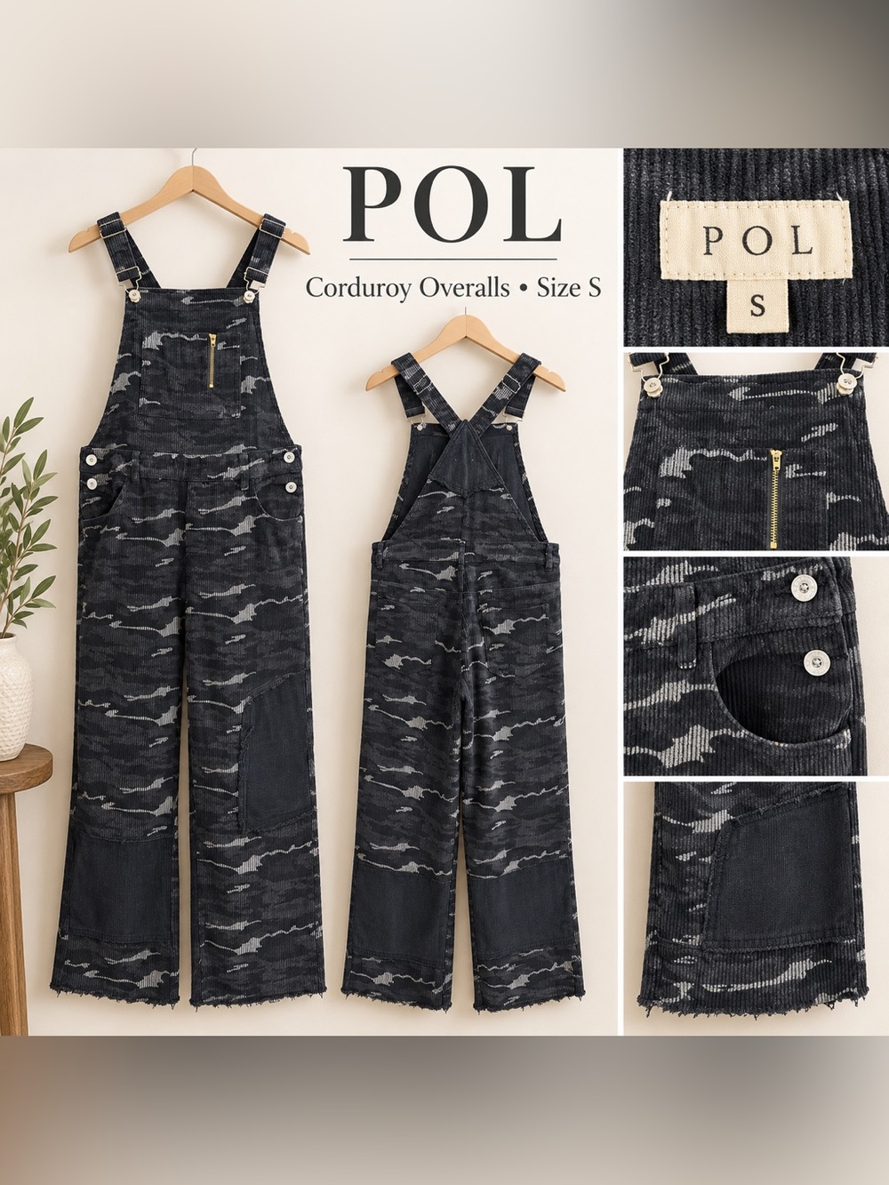 POL Black Camo Corduroy Patchwork Overalls Jumpsuit Boho Grunge Size S
